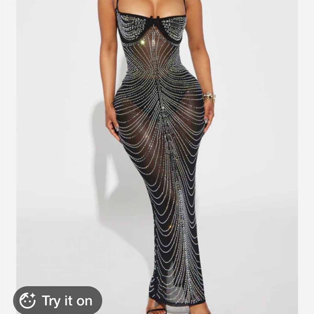Fashion nova black and silver beaded mesh maxi dress!